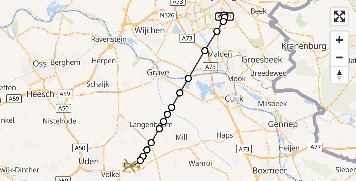 Vluchtroute Traumahelikopter Radboud Universitair Medisch Centrum - Vliegbasis Volkel, 10 juli 2026, 08:56