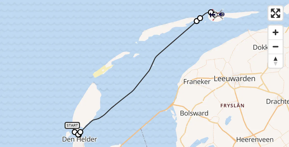 Vluchtroute Politiehelikopter Den Hoorn - Ameland Vliegveld Ballum, 10 juli 2026, 09:06