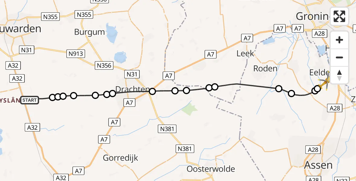 Vluchtroute Traumahelikopter Grou - Groningen Airport Eelde, 10 juli 2026, 09:34