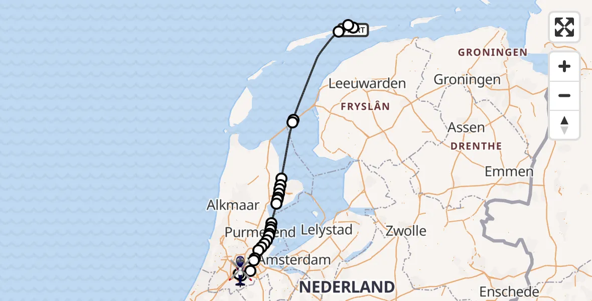 Vluchtroute Politiehelikopter Ameland Vliegveld Ballum - Amsterdam Vliegveld Schiphol, 10 juli 2026, 11:42
