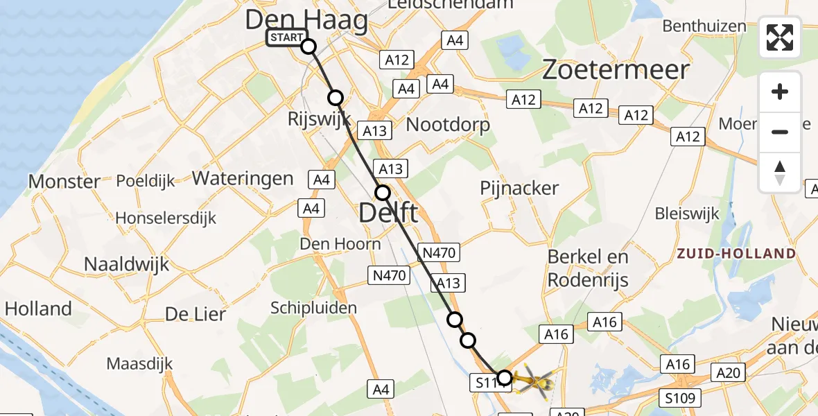 Vluchtroute Traumahelikopter HMC Westeinde Heliport - Rotterdam The Hague Airport, 10 juli 2026, 12:38