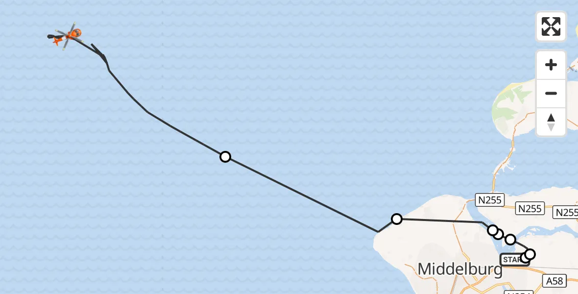 Vluchtroute Kustwachthelikopter Vliegveld Midden-Zeeland - Noordzee, 10 juli 2026, 13:45
