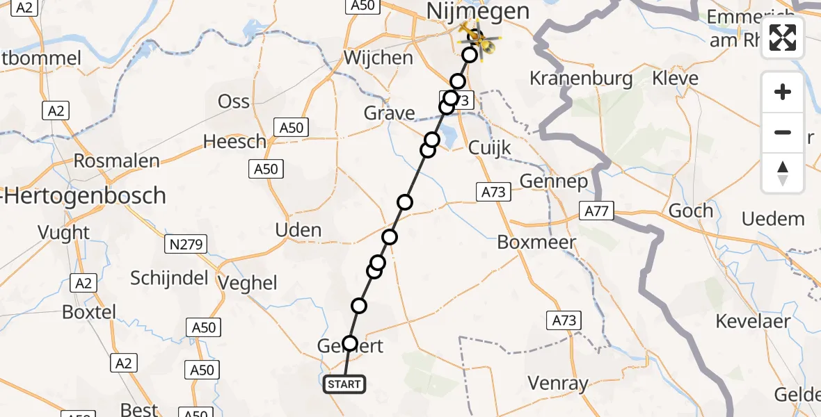 Vluchtroute Traumahelikopter Bakel - Radboud University Medical Center Heliport, 10 juli 2026, 14:00