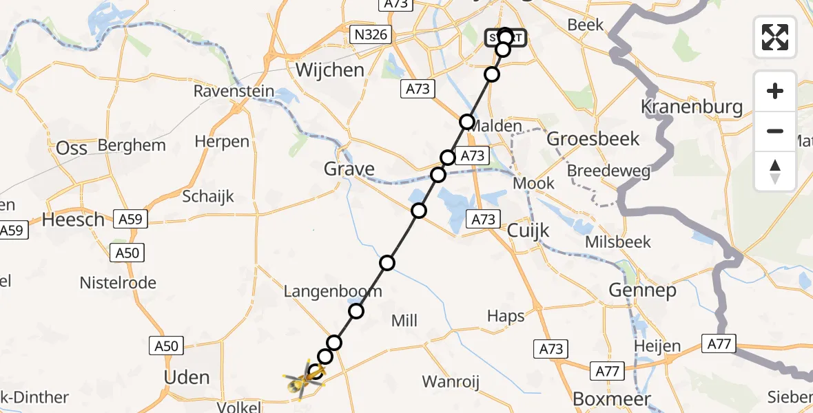 Vluchtroute Traumahelikopter Radboud Universitair Medisch Centrum - Vliegbasis Volkel, 10 juli 2026, 14:47