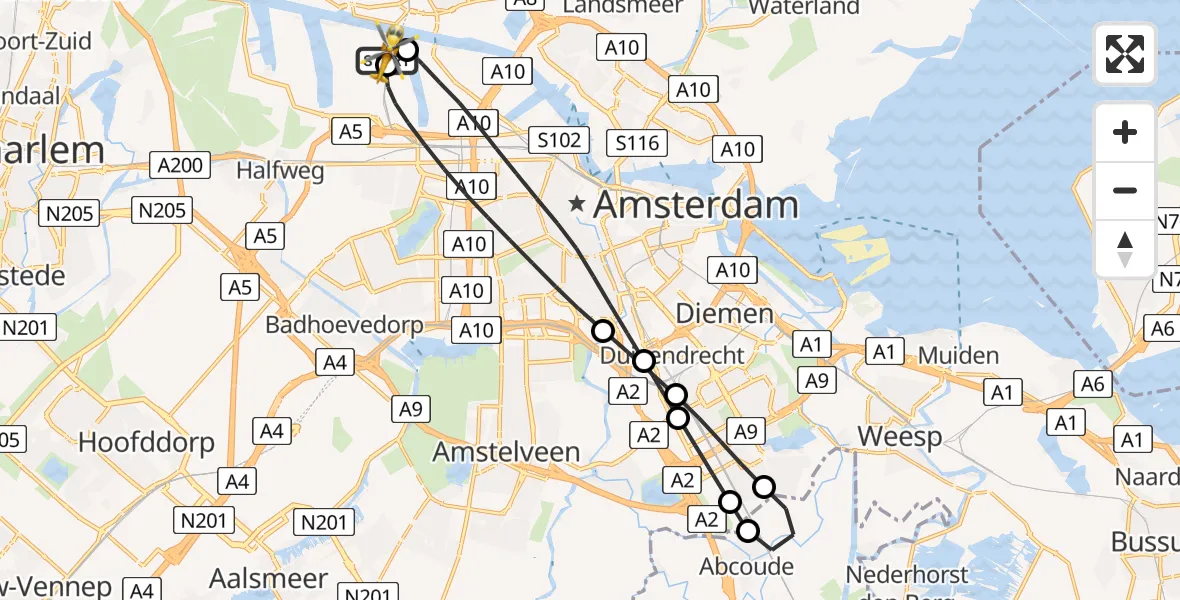 Vluchtroute Traumahelikopter Amsterdam Heliport - Amsterdam Heliport, 10 juli 2026, 15:20