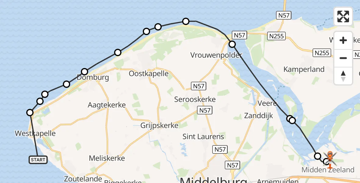 Vluchtroute Kustwachthelikopter Noordzee - Vliegveld Midden-Zeeland, 10 juli 2026, 15:27