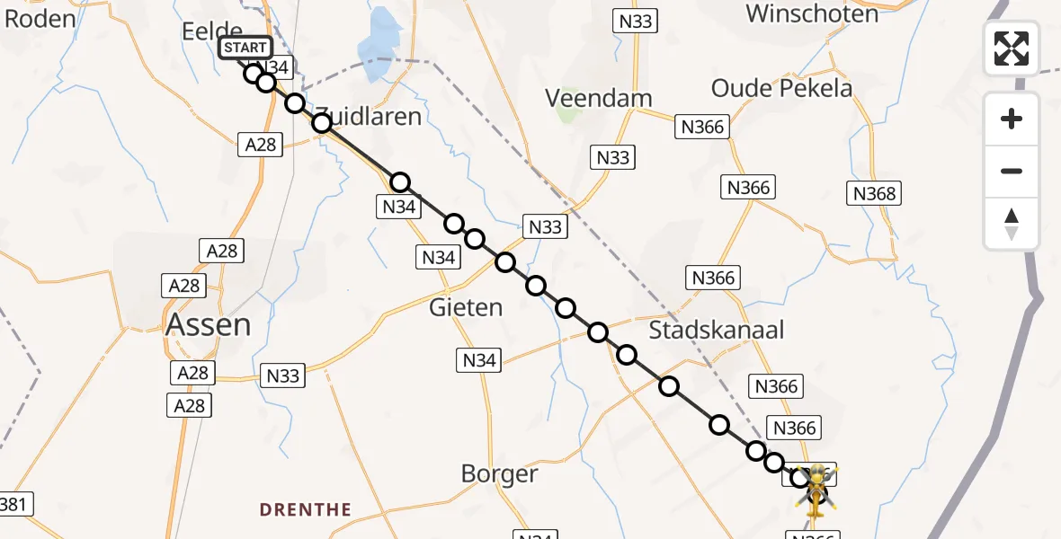 Vluchtroute Traumahelikopter Groningen Airport Eelde - Zandberg, 10 juli 2026, 17:04