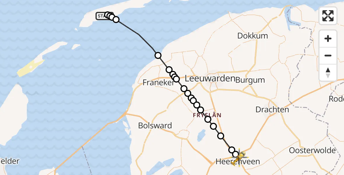Vluchtroute Ambulancehelikopter Terschelling Heliport - Heerenveen, 10 juli 2026, 17:31
