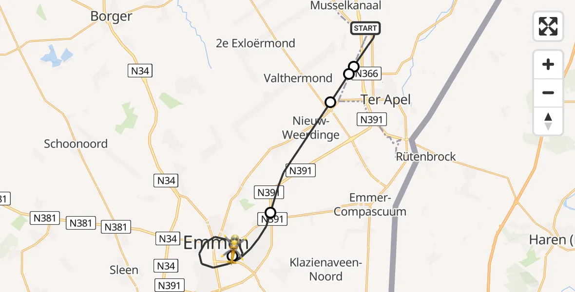 Vluchtroute Traumahelikopter Ter Apelkanaal - Scheper Ziekenhuis Helipad, 10 juli 2026, 17:51
