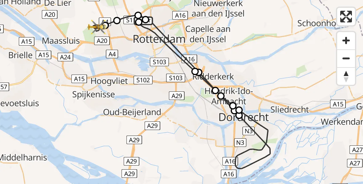 Vluchtroute Traumahelikopter Rotterdam The Hague Airport - Vlaardingen, 10 juli 2026, 17:52