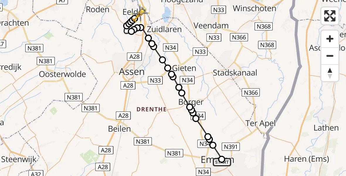 Vluchtroute Traumahelikopter Scheper Ziekenhuis Helipad - Groningen Airport Eelde, 10 juli 2026, 18:21