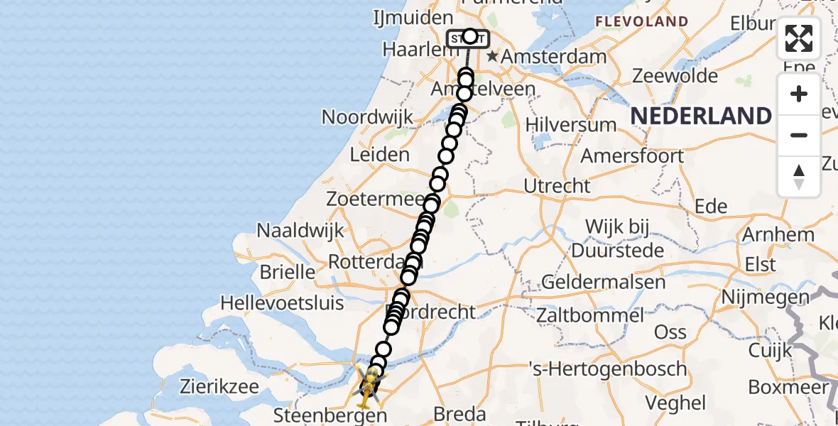 Vluchtroute Traumahelikopter Amsterdam Heliport - Heijningen, 10 juli 2026, 18:25