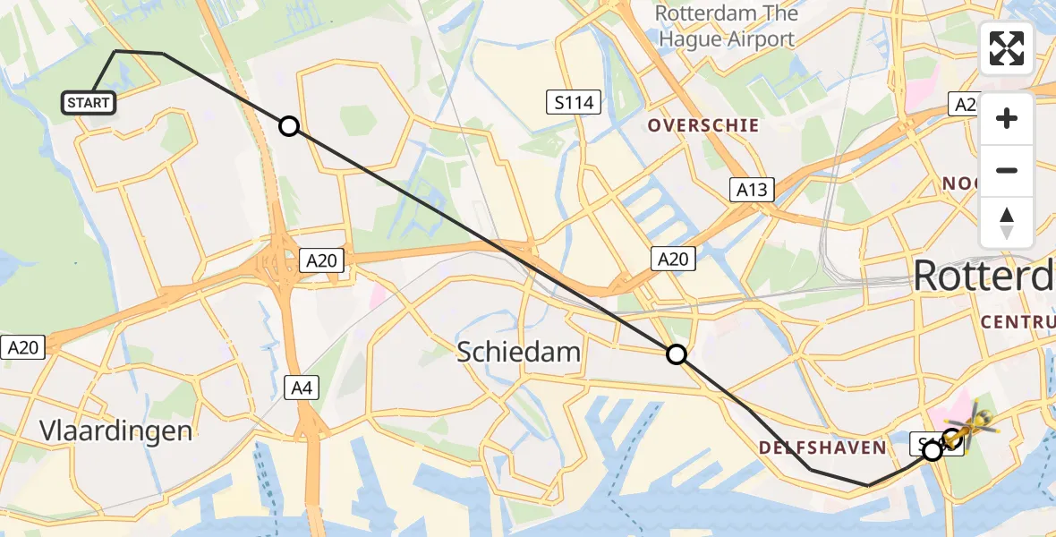 Vluchtroute Traumahelikopter Vlaardingen - Erasmus MC, 10 juli 2026, 19:10