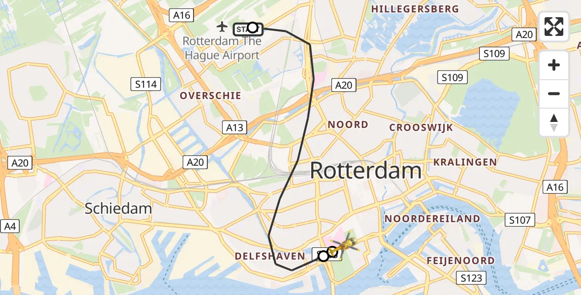 Vluchtroute Traumahelikopter Rotterdam The Hague Airport - Erasmus MC, 10 juli 2026, 20:38
