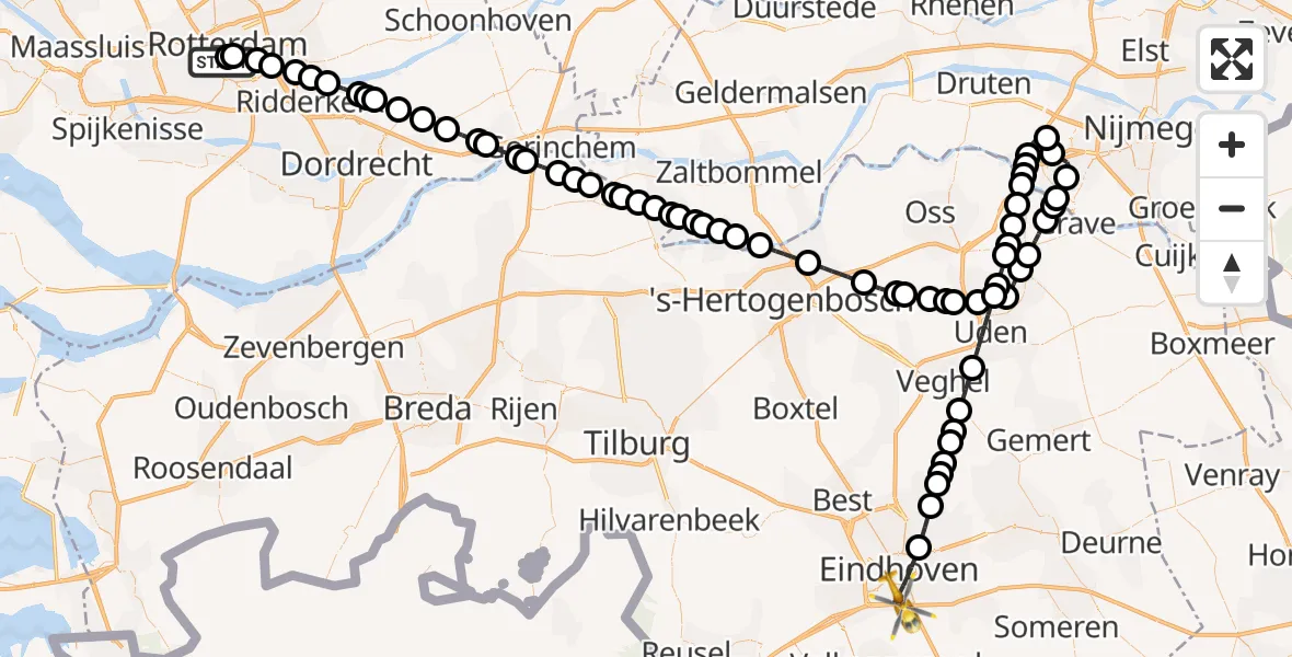Vluchtroute Traumahelikopter Erasmus MC - Eindhoven, 10 juli 2026, 21:04