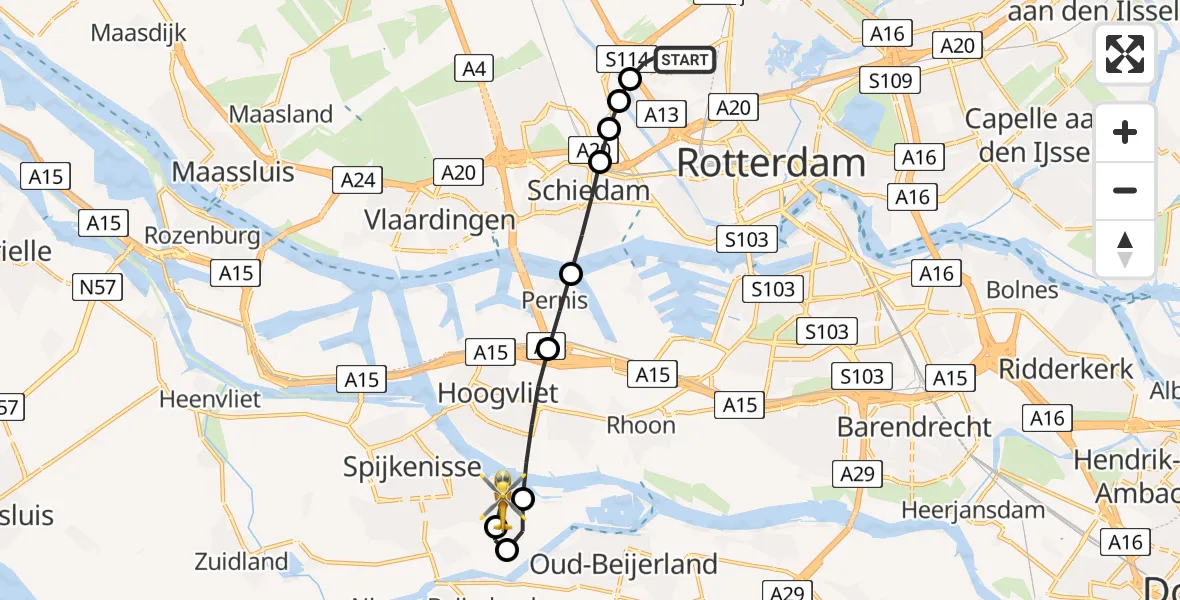 Vluchtroute Traumahelikopter Rotterdam The Hague Airport - Spijkenisse, 10 juli 2026, 21:39