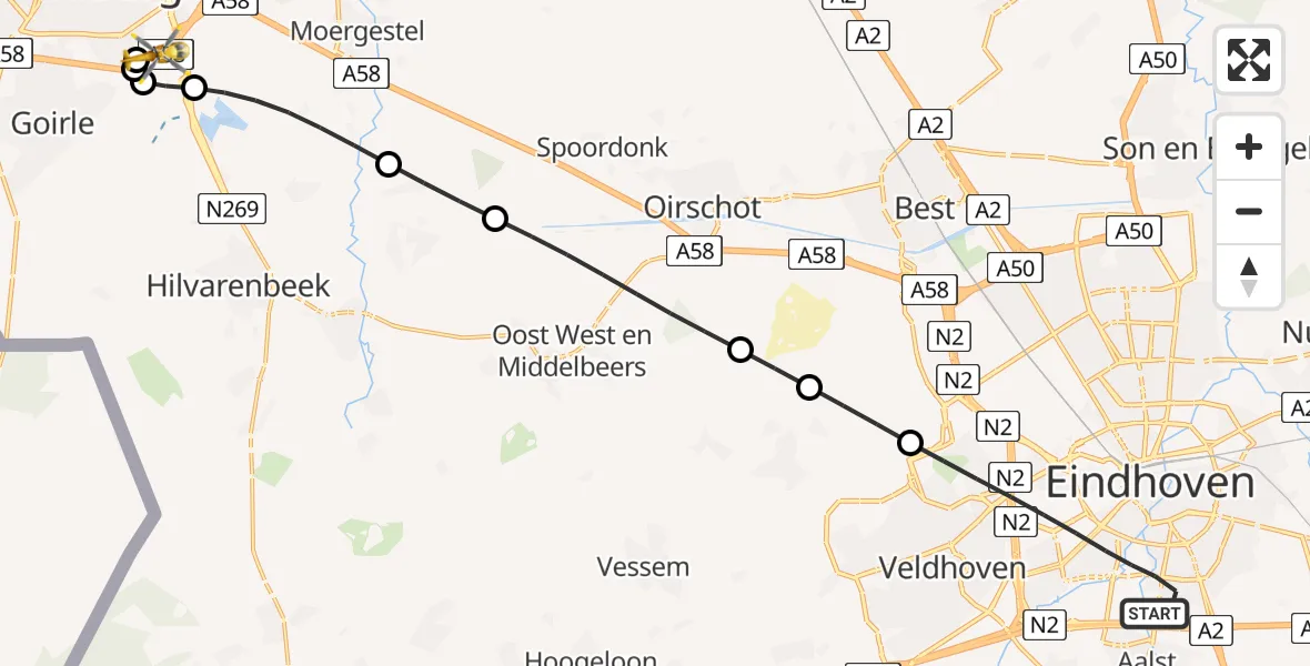 Vluchtroute Traumahelikopter Eindhoven - St. Elisabeth Hospital Heliport, 10 juli 2026, 22:06
