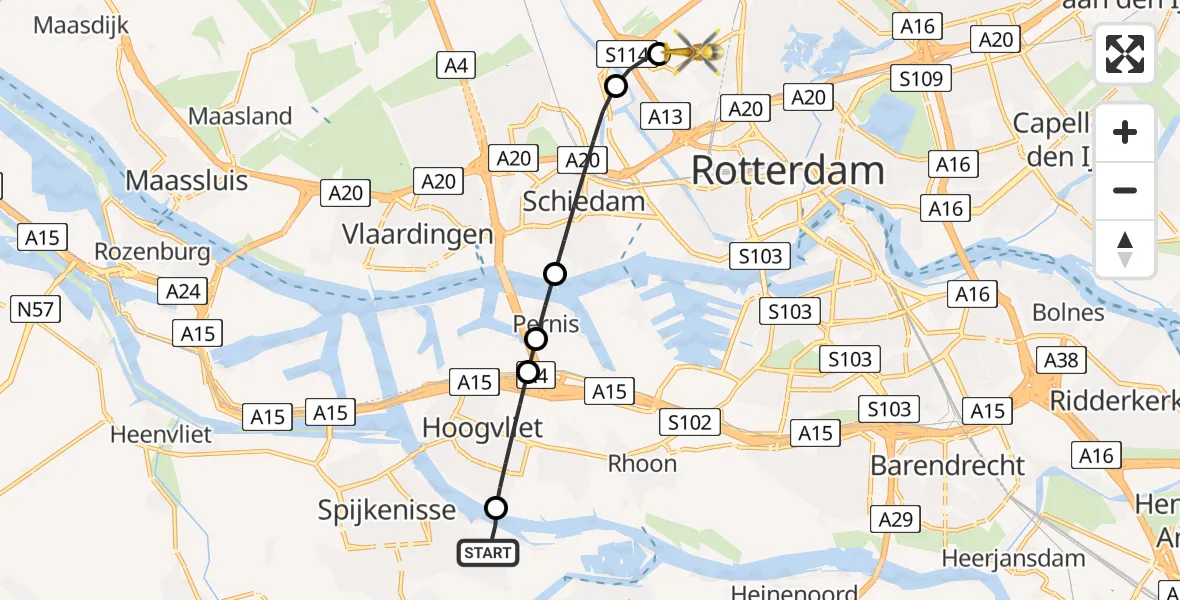 Vluchtroute Traumahelikopter Spijkenisse - Rotterdam The Hague Airport, 10 juli 2026, 22:17
