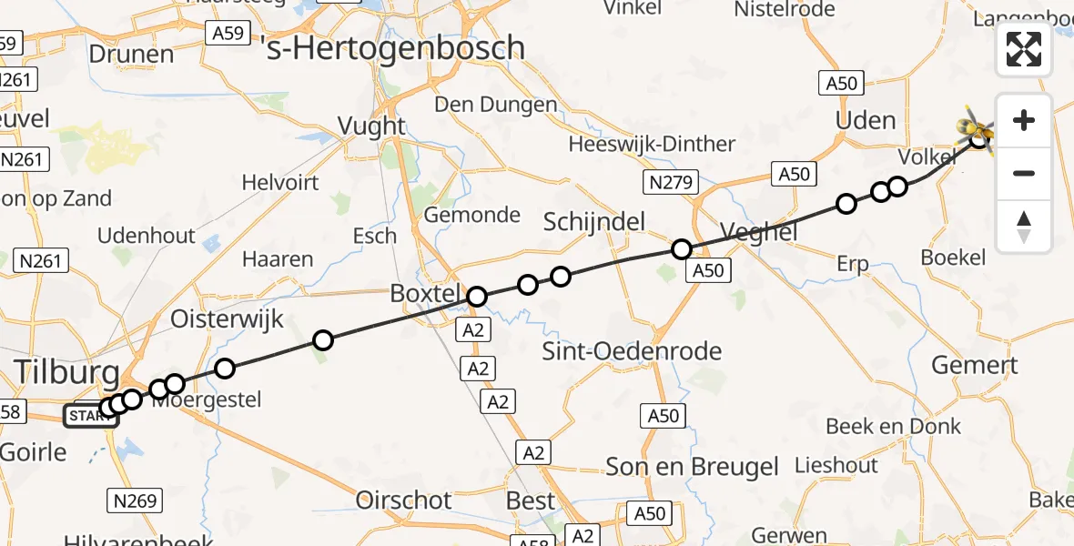 Vluchtroute Traumahelikopter St. Elisabeth Hospital Heliport - Vliegbasis Volkel, 10 juli 2026, 22:30