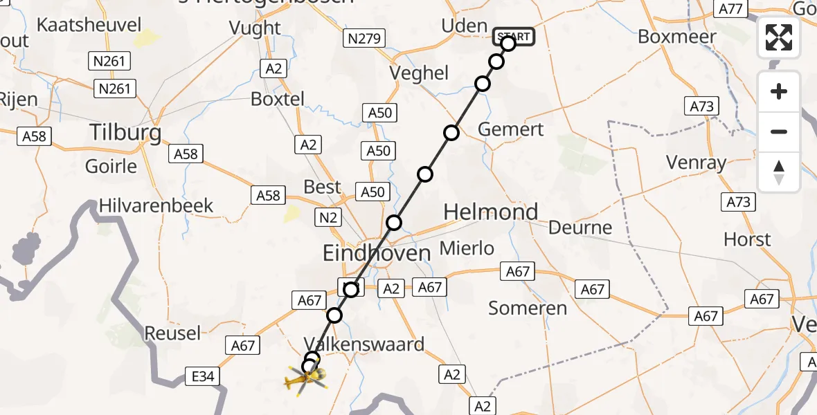 Vluchtroute Traumahelikopter Vliegbasis Volkel - Bergeijk, 11 juli 2026, 06:17