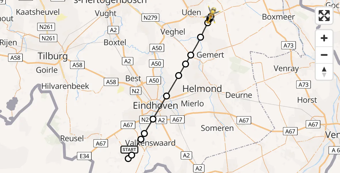 Vluchtroute Traumahelikopter Westerhoven - Vliegbasis Volkel, 11 juli 2026, 06:39
