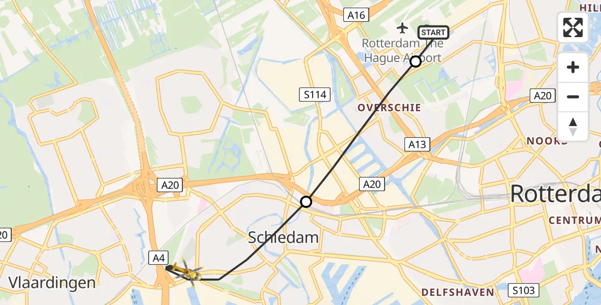 Vluchtroute Traumahelikopter Rotterdam The Hague Airport - Schiedam, 11 juli 2026, 06:40