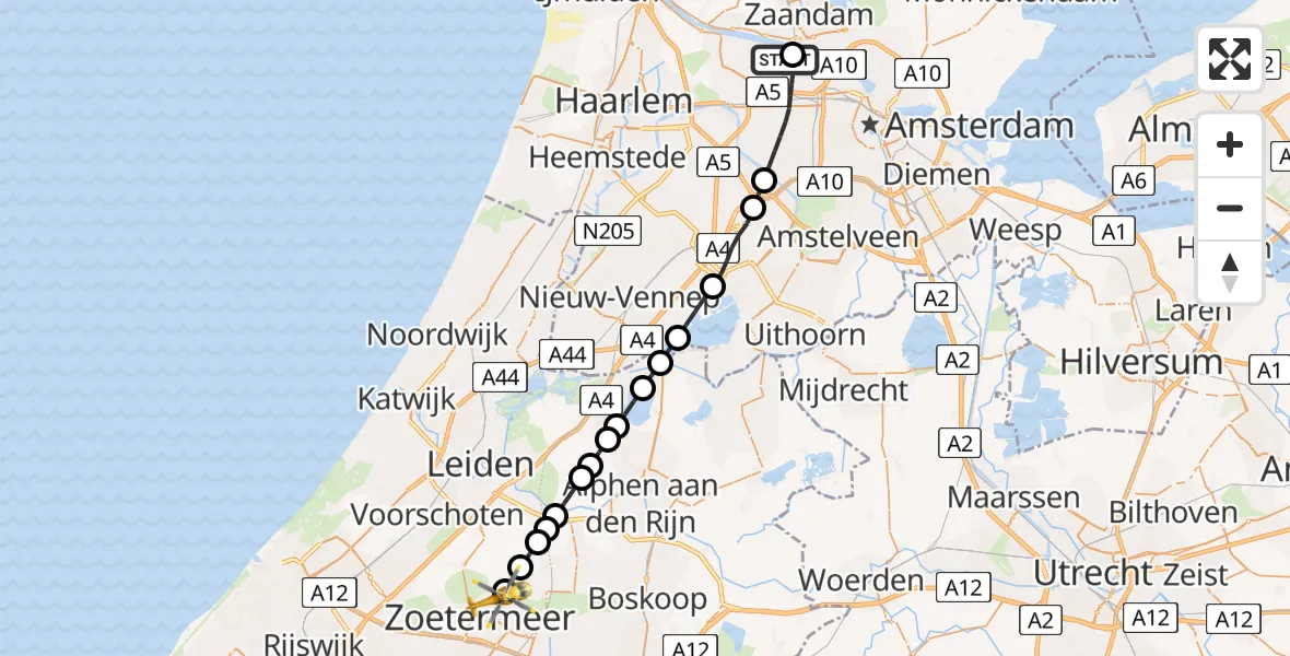 Vluchtroute Traumahelikopter Amsterdam Heliport - Zoetermeer, 11 juli 2026, 07:30
