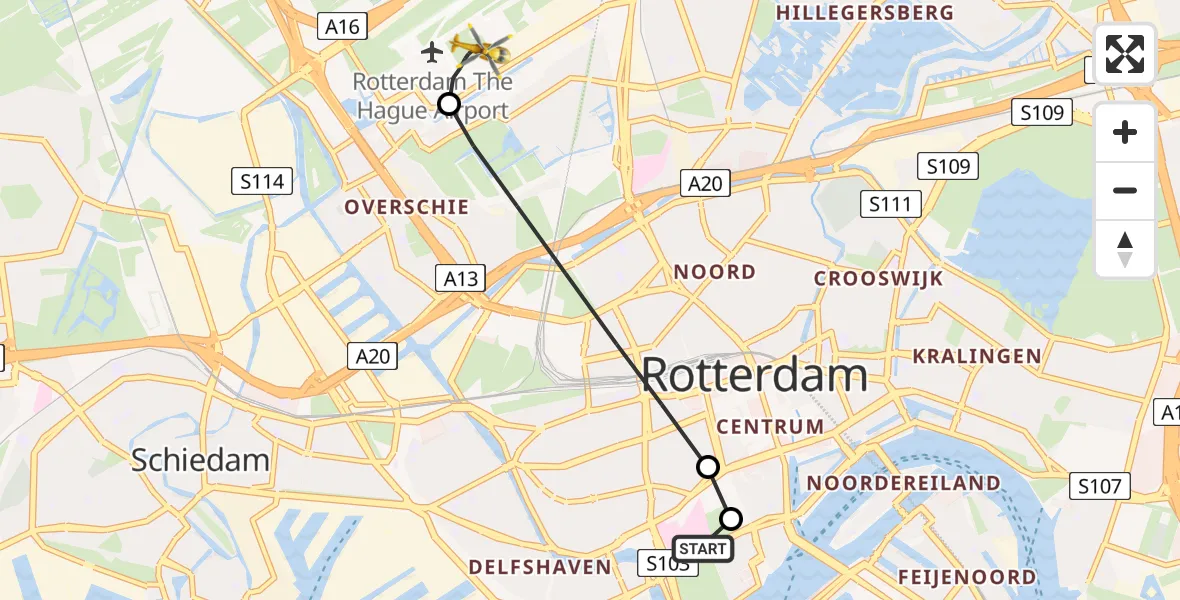 Vluchtroute Traumahelikopter Erasmus MC - Rotterdam The Hague Airport, 11 juli 2026, 07:45