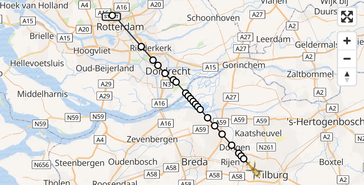 Vluchtroute Traumahelikopter Rotterdam The Hague Airport - Tilburg, 11 juli 2026, 08:01