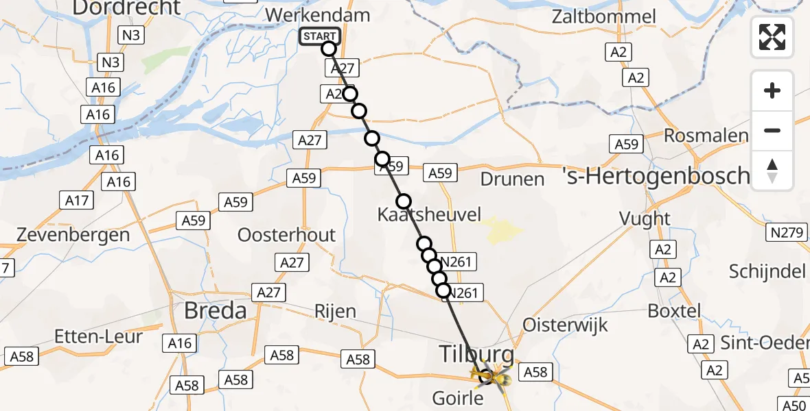 Vluchtroute Traumahelikopter Werkendam - St. Elisabeth Hospital Heliport, 11 juli 2026, 08:09