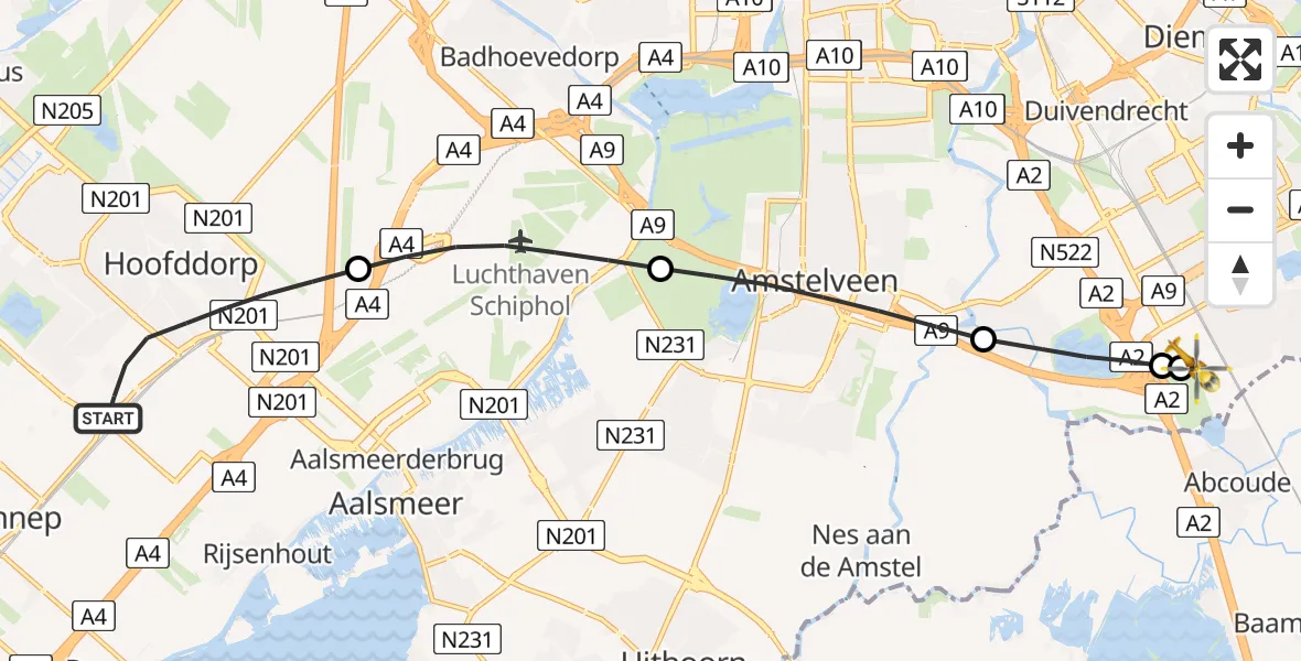 Vluchtroute Traumahelikopter Hoofddorp - Amsterdam UMC Helipad, 11 juli 2026, 08:41