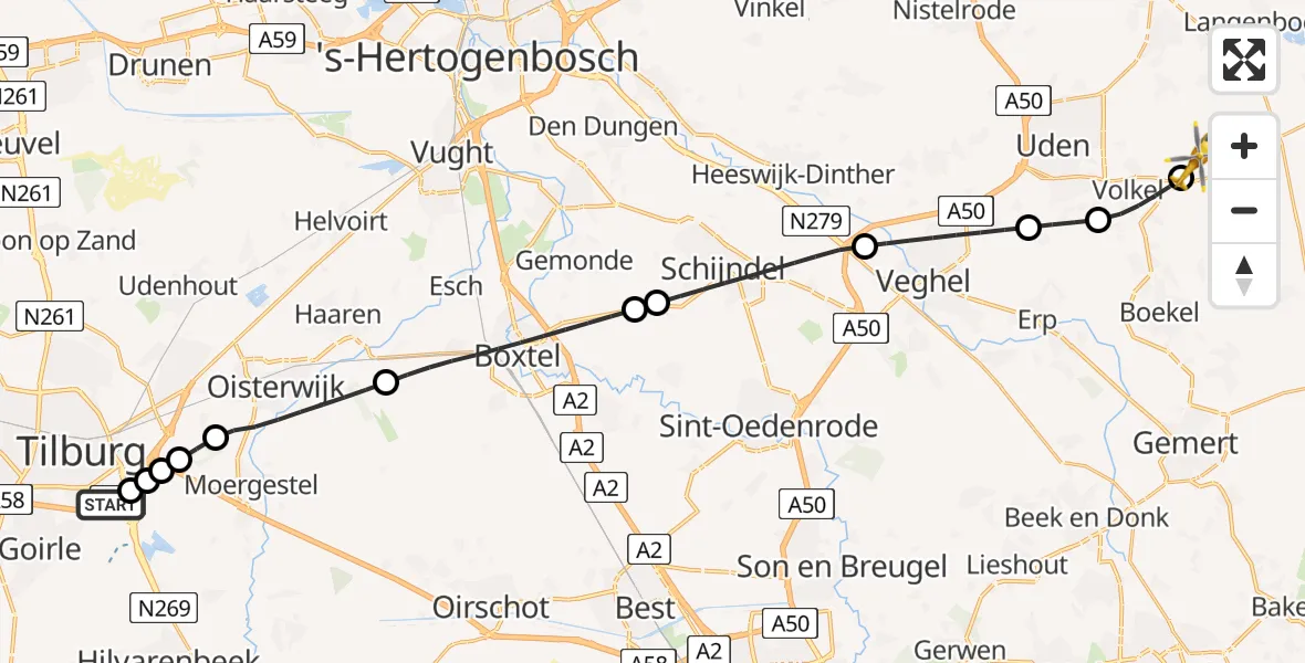 Vluchtroute Traumahelikopter St. Elisabeth Hospital Heliport - Vliegbasis Volkel, 11 juli 2026, 08:47