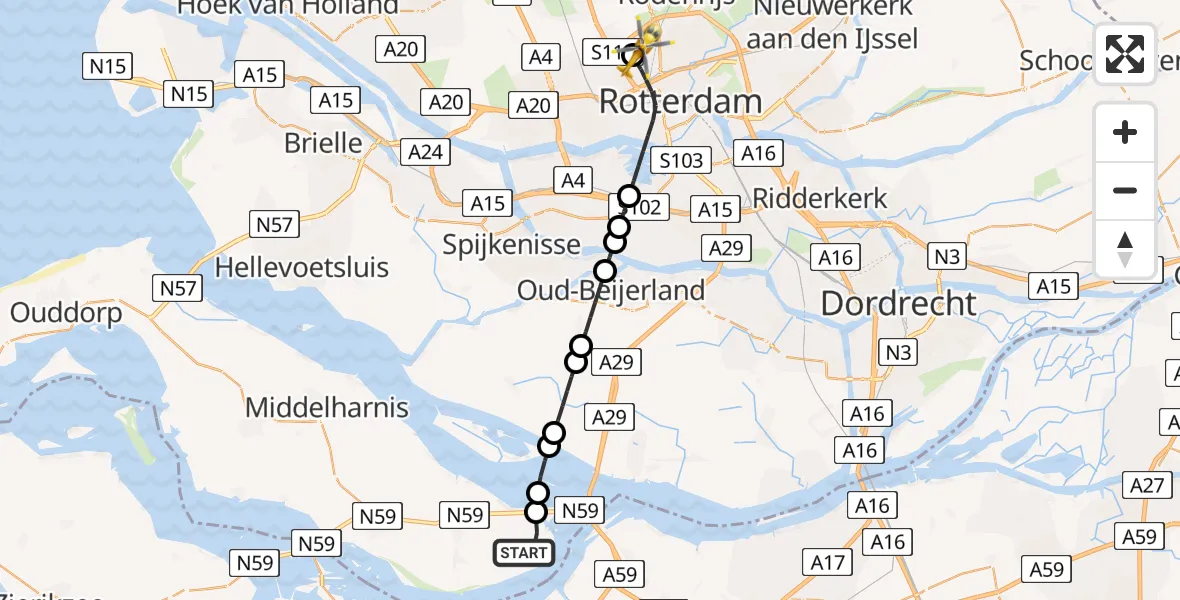 Vluchtroute Traumahelikopter Ooltgensplaat - Rotterdam The Hague Airport, 11 juli 2026, 09:36