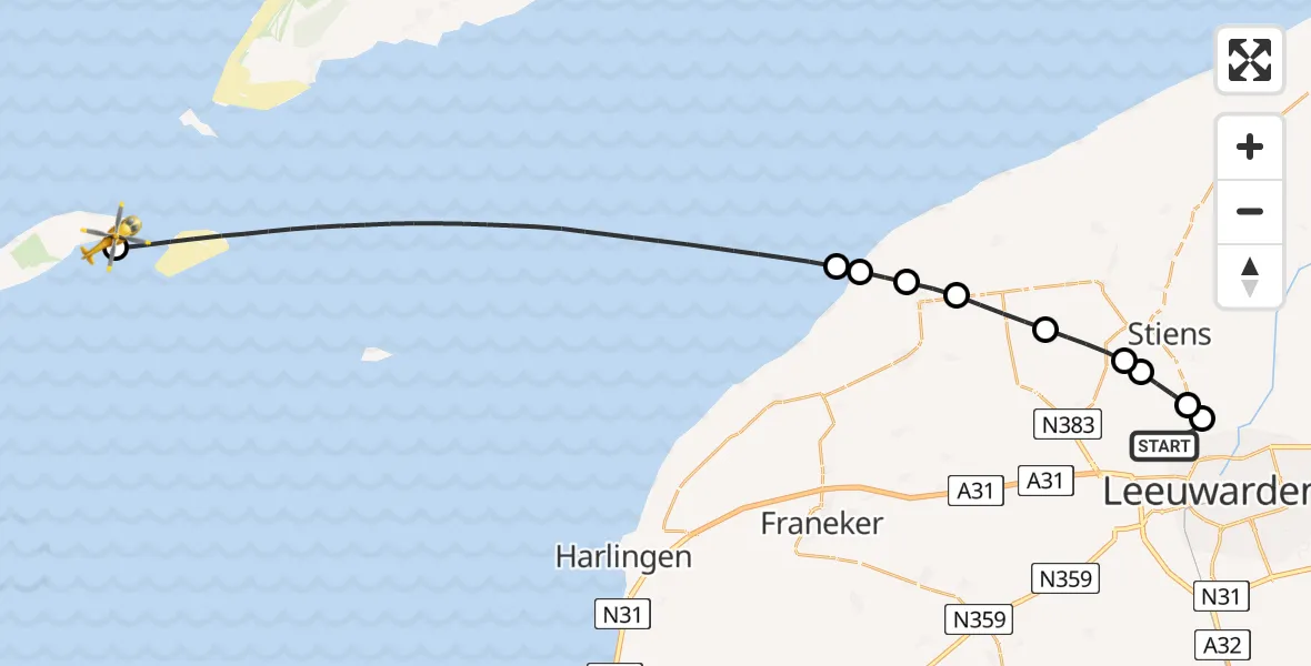 Vluchtroute Ambulancehelikopter Vliegbasis Leeuwarden - Vlieland Heliport, 11 juli 2026, 10:04