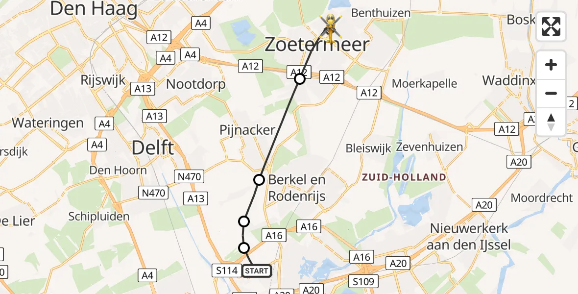 Vluchtroute Traumahelikopter Rotterdam The Hague Airport - Zoetermeer, 11 juli 2026, 10:14