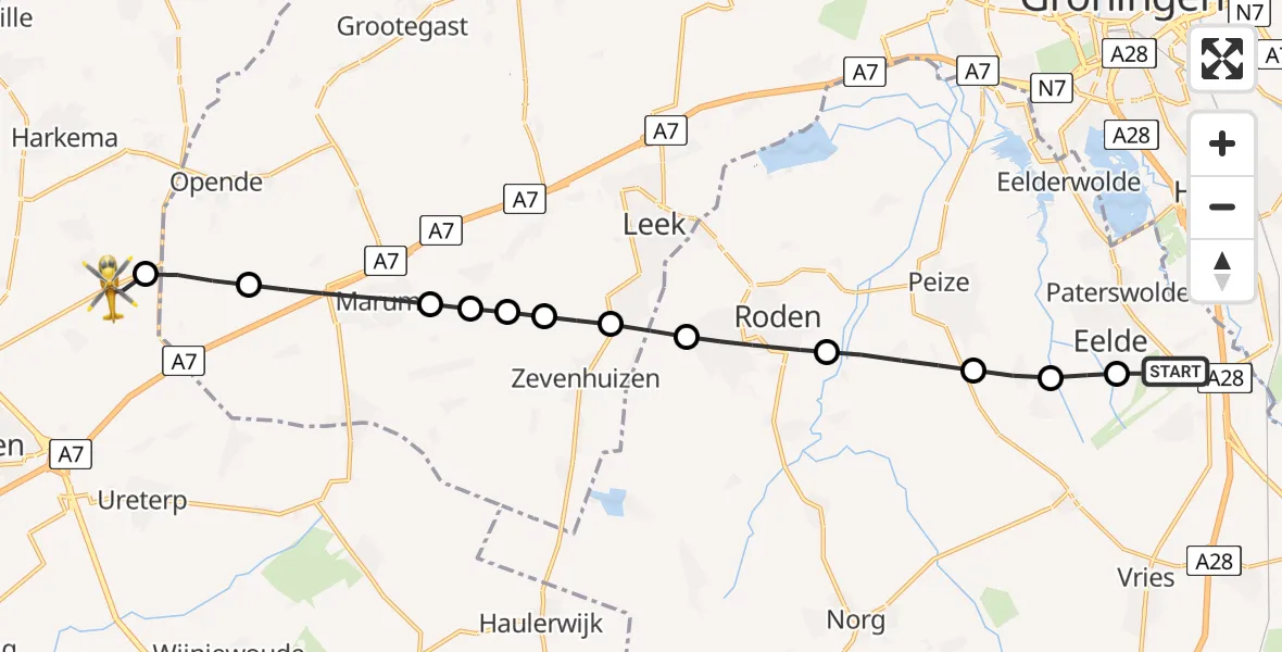 Vluchtroute Traumahelikopter Groningen Airport Eelde - Drachtstercompagnie, 11 juli 2026, 10:30