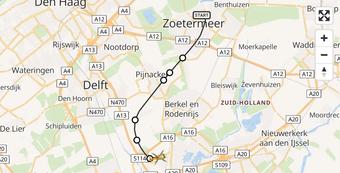 Vluchtroute Traumahelikopter Zoetermeer - Rotterdam The Hague Airport, 11 juli 2026, 10:39