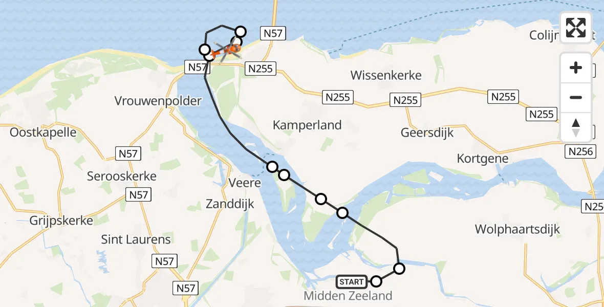 Vluchtroute Kustwachthelikopter Vliegveld Midden-Zeeland - Kamperland, 11 juli 2026, 11:44