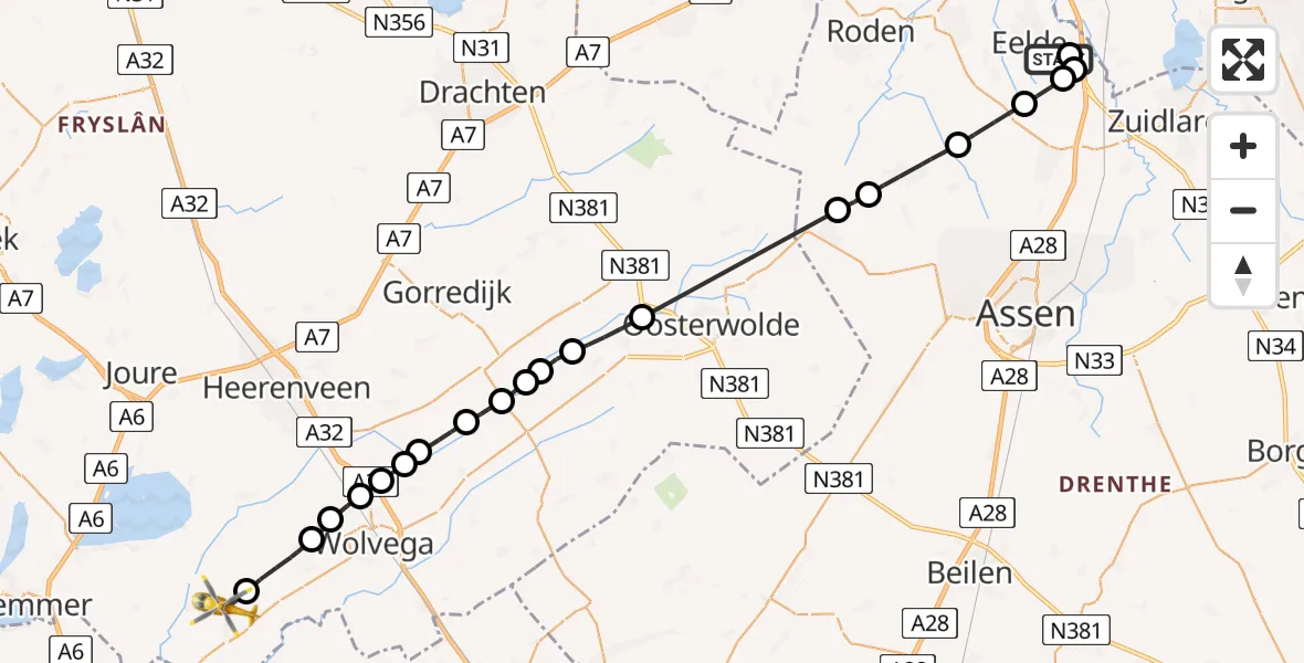 Vluchtroute Traumahelikopter Groningen Airport Eelde - Munnekeburen, 11 juli 2026, 12:20