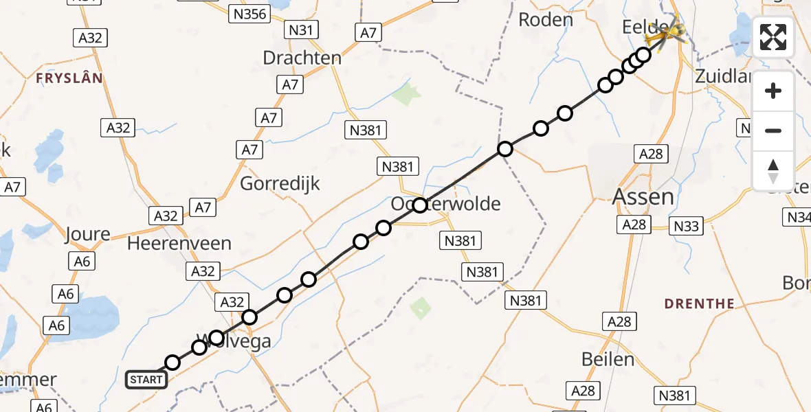 Vluchtroute Traumahelikopter Munnekeburen - Groningen Airport Eelde, 11 juli 2026, 13:57
