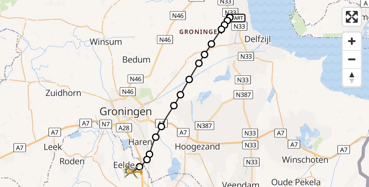 Vluchtroute Traumahelikopter Holwierde - Groningen Airport Eelde, 11 juli 2026, 15:13