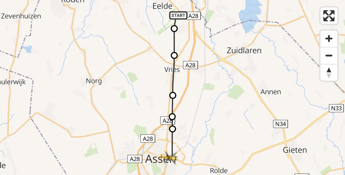 Vluchtroute Traumahelikopter Groningen Airport Eelde - Assen, 11 juli 2026, 15:37