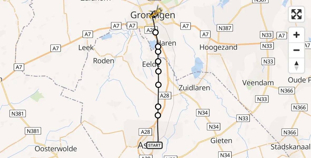 Vluchtroute Traumahelikopter Assen - Universitair Medisch Centrum Groningen, 11 juli 2026, 16:28