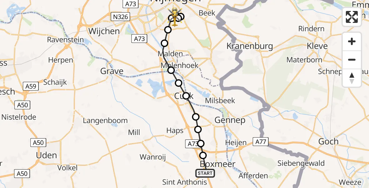 Vluchtroute Traumahelikopter Boxmeer - Radboud University Medical Center Heliport, 11 juli 2026, 16:44