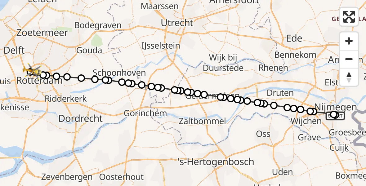 Vluchtroute Traumahelikopter Radboud Universitair Medisch Centrum - Rotterdam The Hague Airport, 11 juli 2026, 17:00