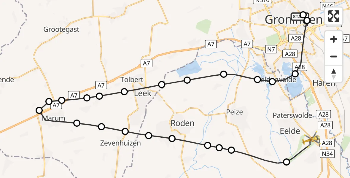 Vluchtroute Traumahelikopter Universitair Medisch Centrum Groningen - Groningen Airport Eelde, 11 juli 2026, 17:07