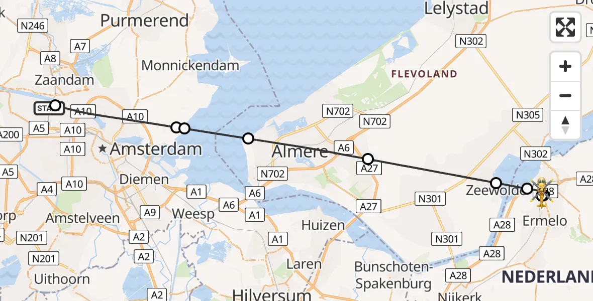 Vluchtroute Traumahelikopter Amsterdam Heliport - Harderwijk, 11 juli 2026, 20:22