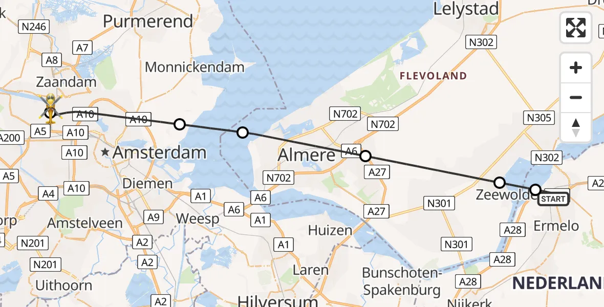 Vluchtroute Traumahelikopter Harderwijk - Amsterdam Heliport, 11 juli 2026, 21:01