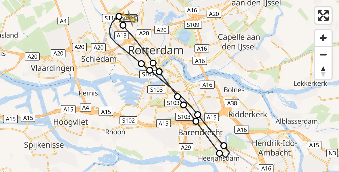 Vluchtroute Traumahelikopter Rotterdam The Hague Airport - Rotterdam The Hague Airport, 11 juli 2026, 21:24