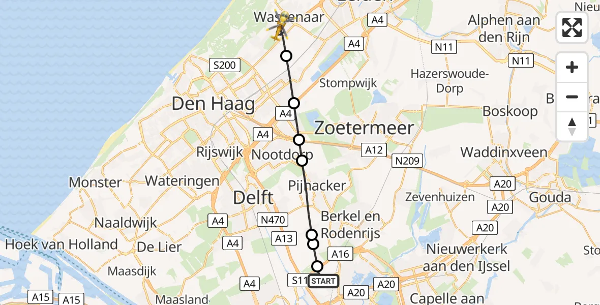 Vluchtroute Traumahelikopter Rotterdam The Hague Airport - Wassenaar, 12 juli 2026, 01:54